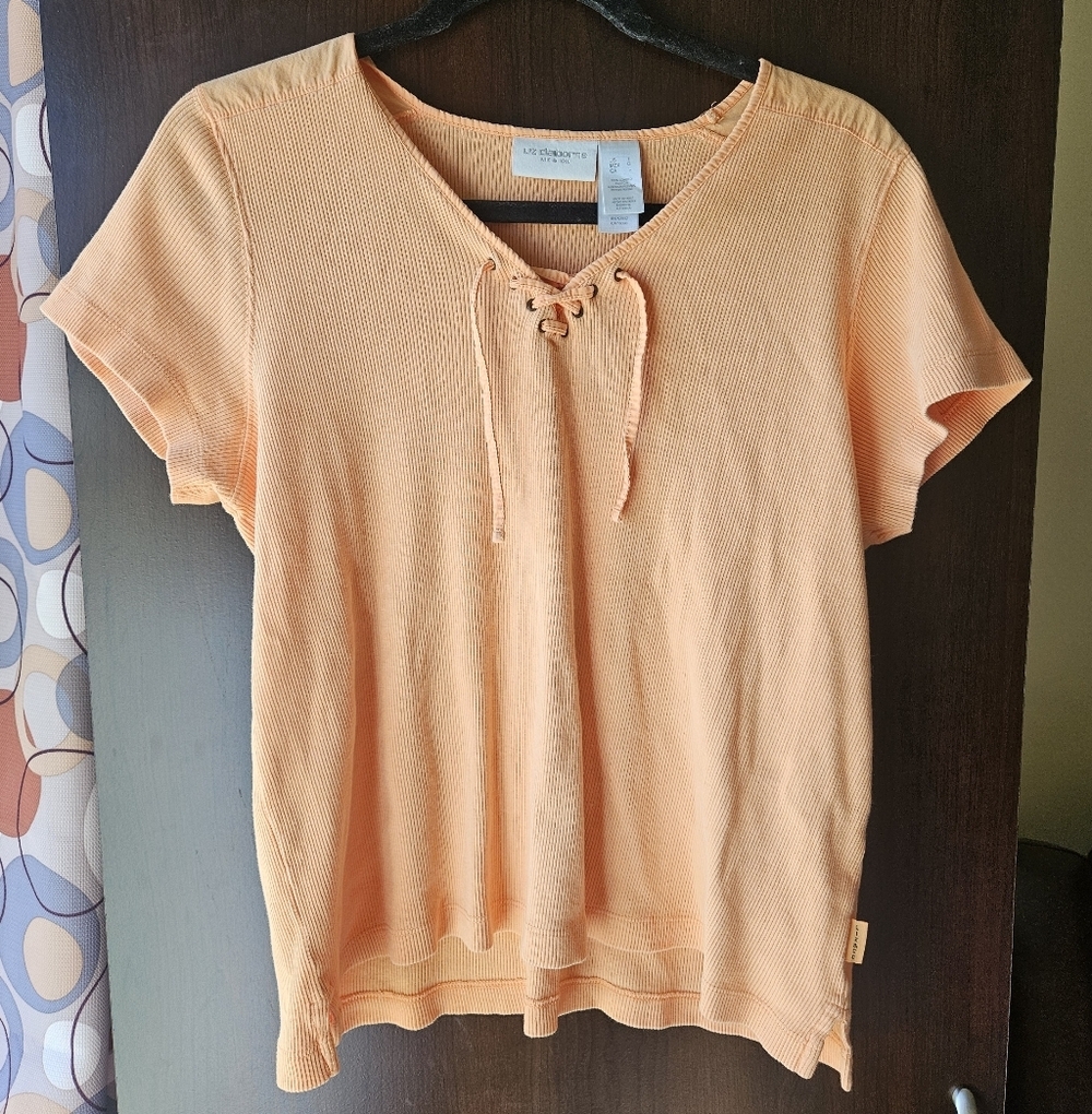 Liz Claiborne Orange Peach Lace-Up Short Sleeve Top Size Large
